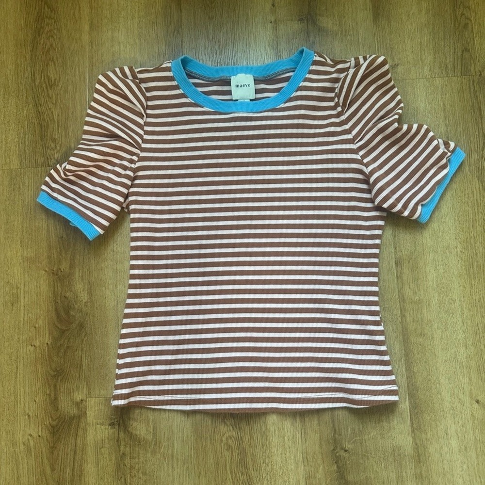 Maeve Anthropologie Puff Sleeve Ribbed Stripe Top Brown Pink Blue Trim Medium